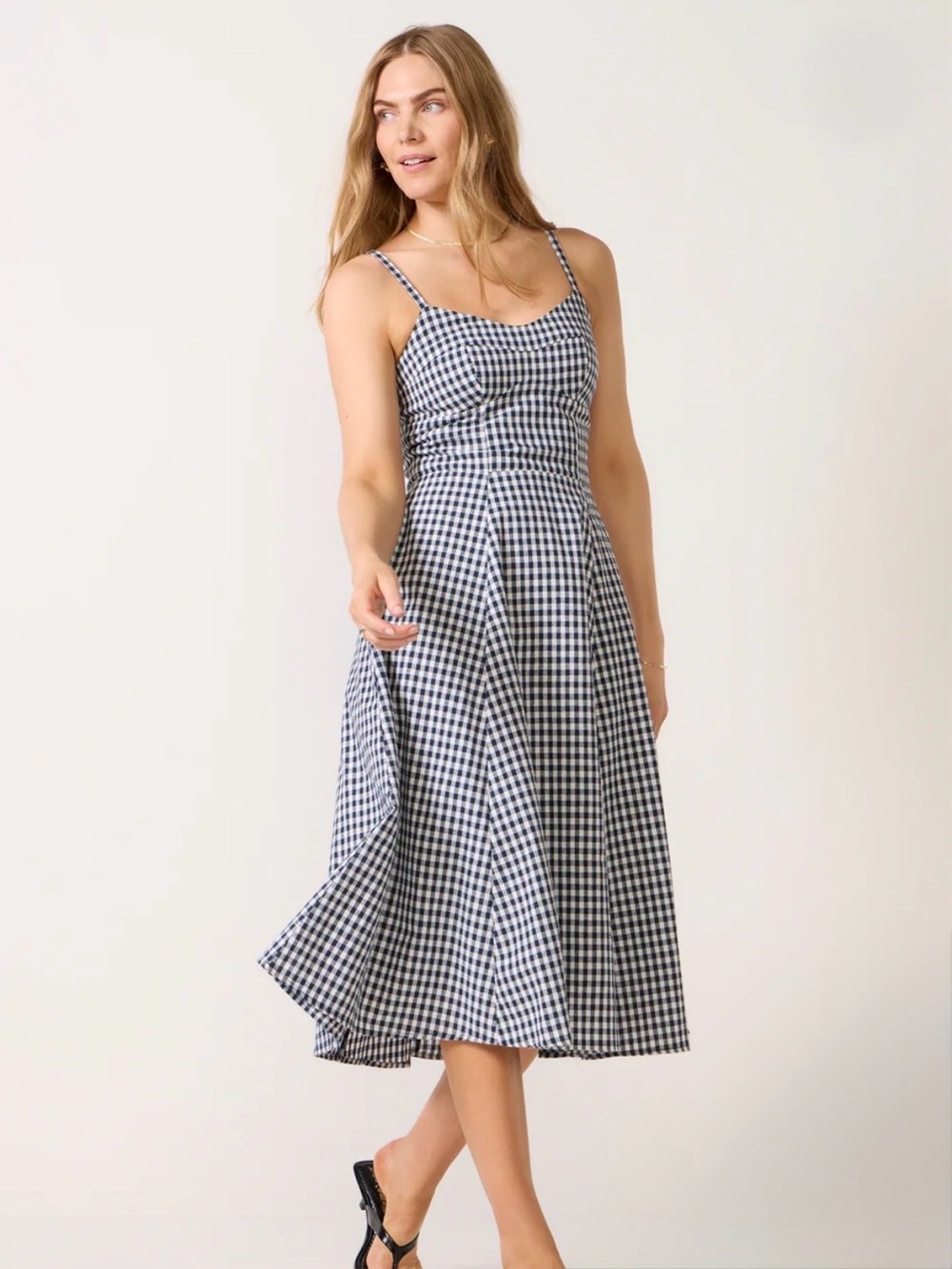 NWT Navy and White Gingham Midi Dress with Spaghetti Straps